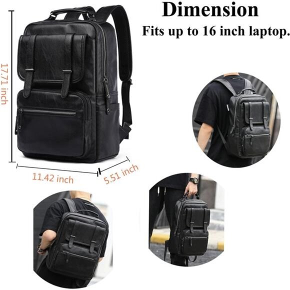 Black Leather Backpack with USB Charging Port - Picture 2 of 7